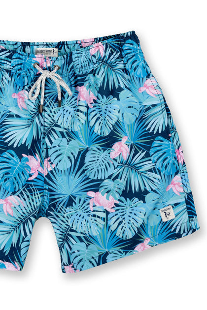 Mens Blue Swim Shorts With 'Tortoise & Turtle' Printed Design