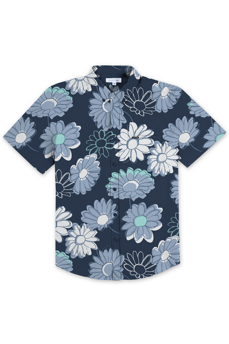 MENS SEERSUCKER BUTTON DOWN W/ DAISY PRINT - NAVY