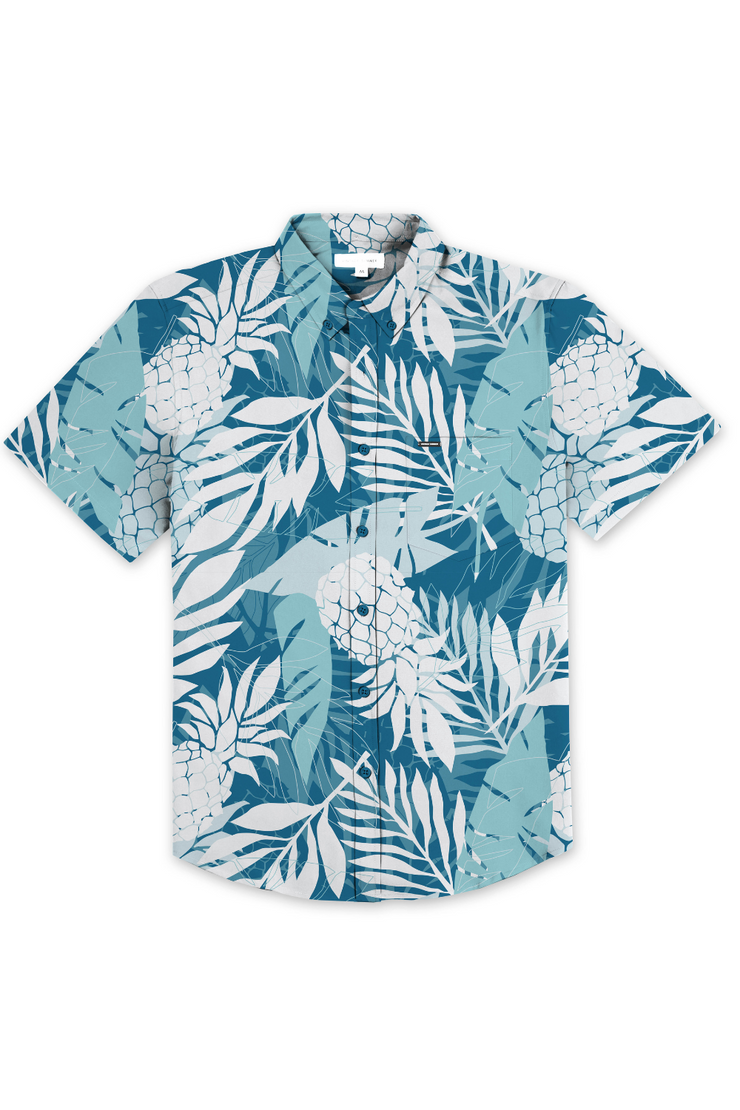 MENS SEERSUCKER BUTTON DOWN W/ PALM PINEAPPLE PRINT - TEAL