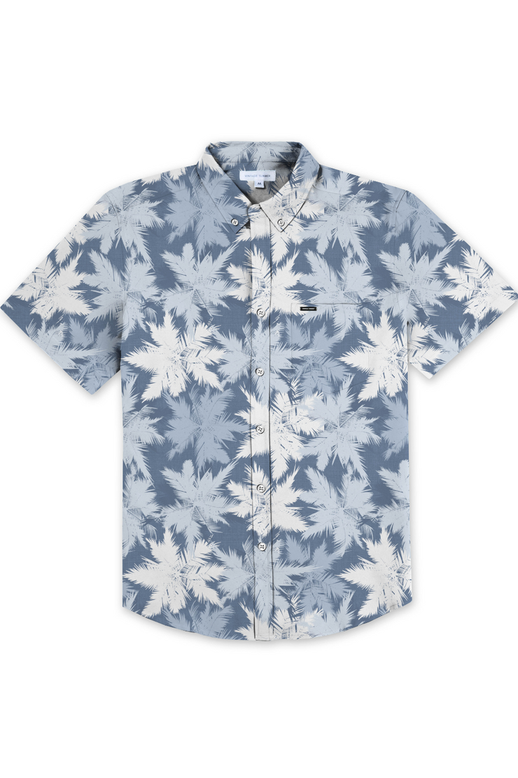 MENS SEERSUCKER BUTTON DOWN W/ PALM PRINT - GREY