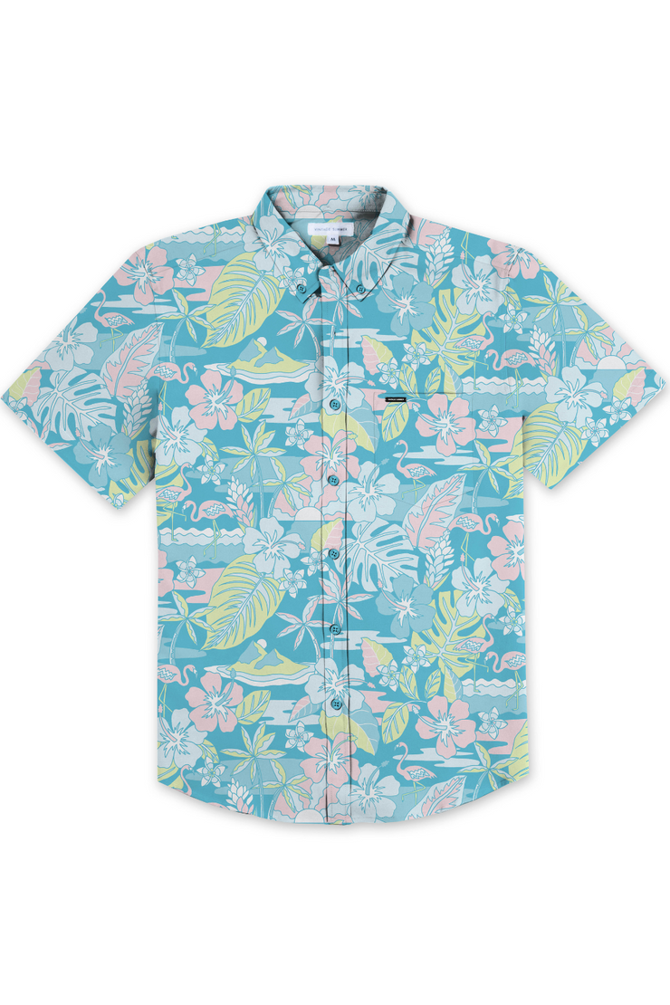 MENS SEERSUCKER BUTTON DOWN W/ TROPICAL FLAMINGO PRINT - TEAL