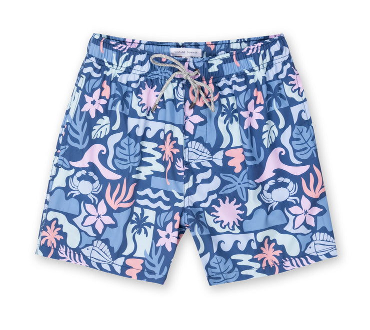 Mens Printed Swim Shorts - Navy