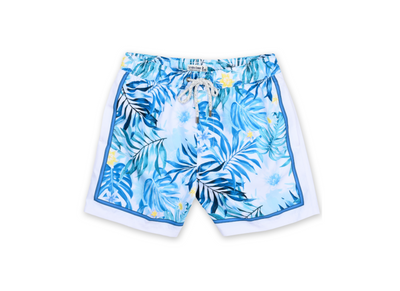 MENS SWIM SHORTS W/ BLOCK TROPICAL PRINT - AQUA