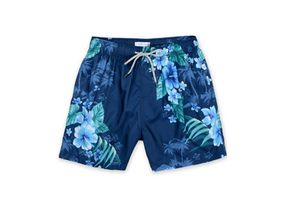 MENS SWIM SHORTS W/ TROPICAL PRINT - NAVY