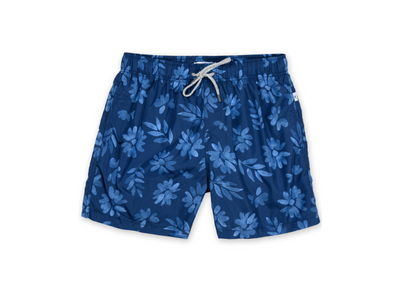 MENS SWIM SHORTS W/ WATERCOLOR DAISY PRINT - NAVY