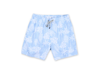 MENS SWIM SHORTS W/ STRIPE PALM PRINT - LIGHT BLUE