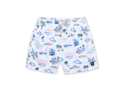 MENS SWIM SHORTS W/ PIRATE SCENIC PRINT - IVORY