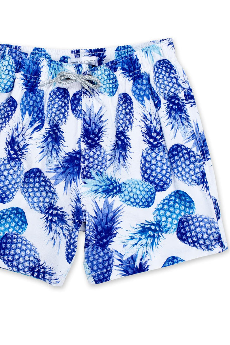 BOYS SEERSUCKER ALL OVER PINEAPPLE SWIM SHORTS - WHITE